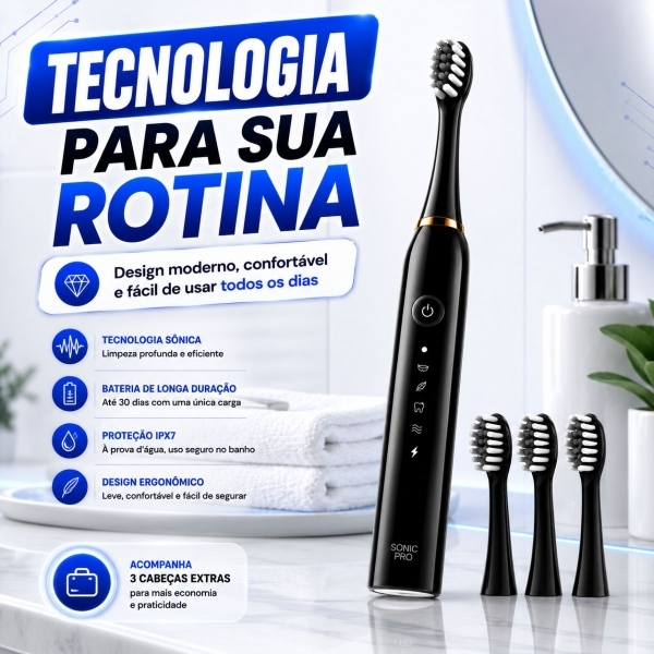 Escova Elétrica Sônica Recarregável USB IPX7 6 Modos + 4 Refis - Preto