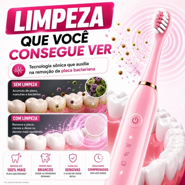 Escova Elétrica Sônica Recarregável USB IPX7 6 Modos + 4 Refis - Rosa
