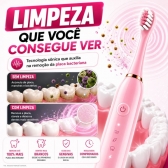 Escova Elétrica Sônica Recarregável USB IPX7 6 Modos + 4 Refis - Rosa