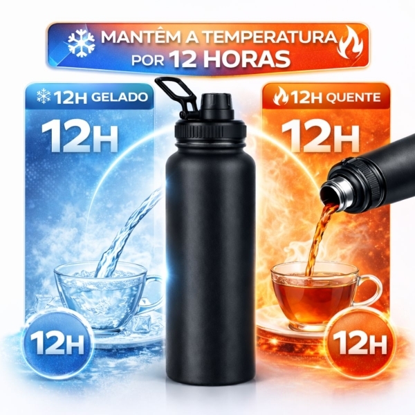 Garrafa Térmica Inox 1200ml Parede Dupla Isolamento a Vácuo Antivazamento com Alça 180° - Preta