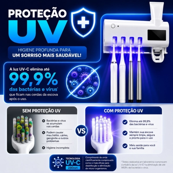 Porta Escova Esterilizador UV Dispenser Pasta Automático