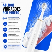Escova Elétrica Sônica Recarregável USB IPX7 6 Modos + 4 Refis - Branco
