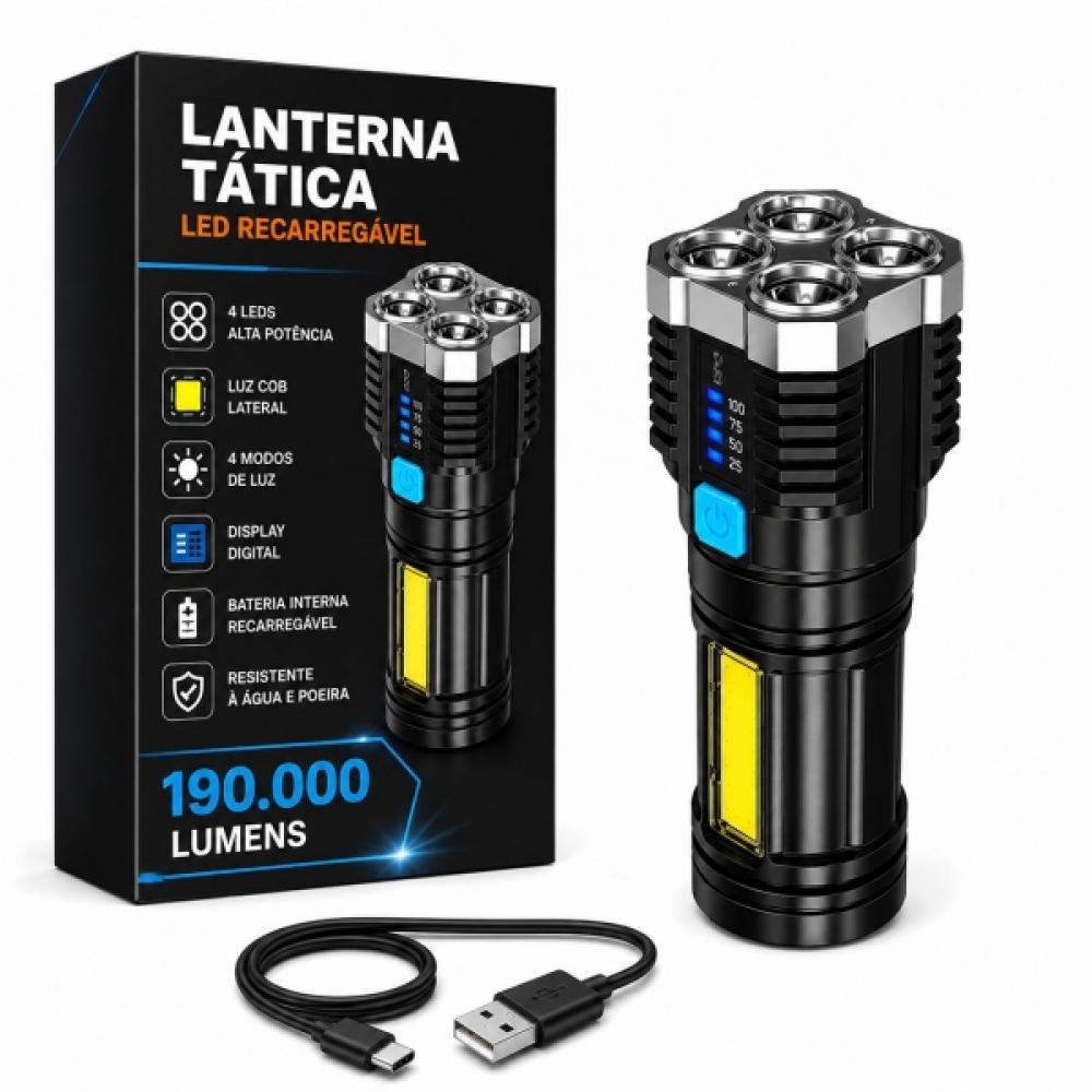 Lanterna Tática LED Recarregável USB 190000 Lumens 500m COB 4 Modos