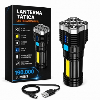 Lanterna Tática LED Recarregável USB 190000 Lumens 500m COB 4 Modos