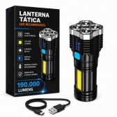 Lanterna Tática LED Recarregável USB 190000 Lumens 500m COB 4 Modos