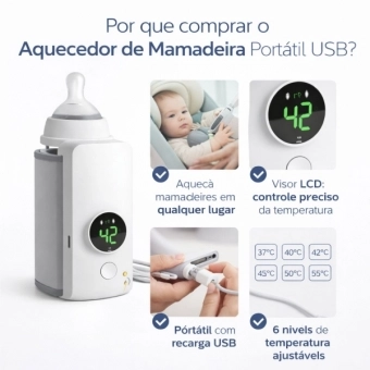 Aquecedor Mamadeira Portátil USB Recarregável com Visor LCD