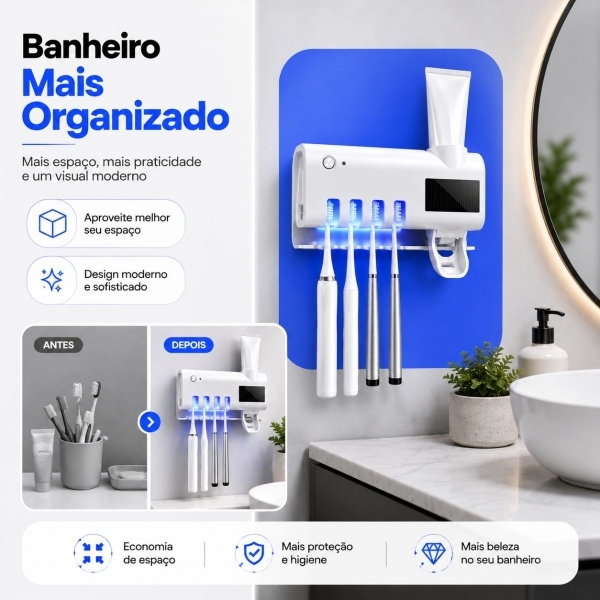 Porta Escova Esterilizador UV Dispenser Pasta Automático