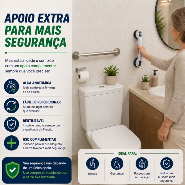 Barra de Apoio para Banheiro com Ventosa Sem Furo Segurança