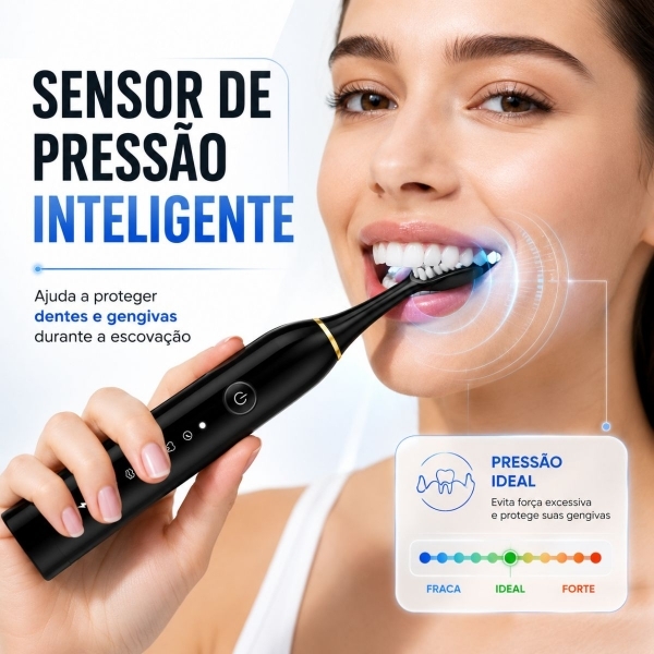 Escova Elétrica Sônica Recarregável USB IPX7 6 Modos + 4 Refis - Preto