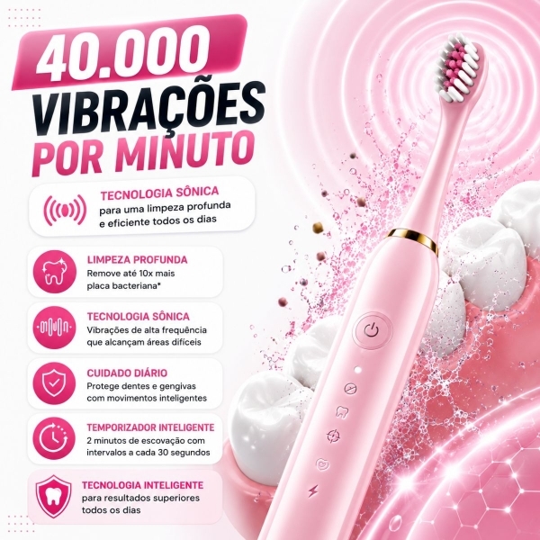 Escova Elétrica Sônica Recarregável USB IPX7 6 Modos + 4 Refis - Rosa