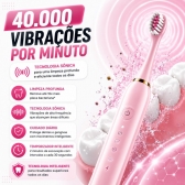 Escova Elétrica Sônica Recarregável USB IPX7 6 Modos + 4 Refis - Rosa