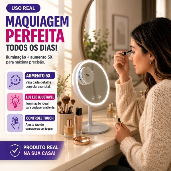 Espelho Maquiagem LED Com Ventilador 5x Aumento Touch Recarregável