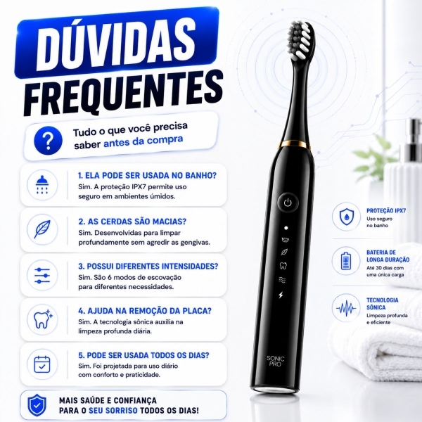 Escova Elétrica Sônica Recarregável USB IPX7 6 Modos + 4 Refis - Preto