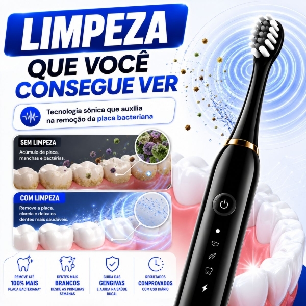 Escova Elétrica Sônica Recarregável USB IPX7 6 Modos + 4 Refis - Preto