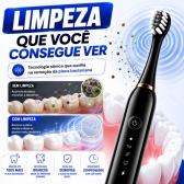 Escova Elétrica Sônica Recarregável USB IPX7 6 Modos + 4 Refis - Preto