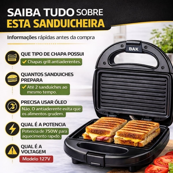 Sanduicheira Elétrica Bak 750w Fast Grill - 110v