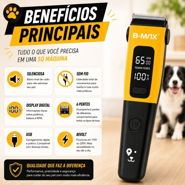 Kit Máquina de Tosa B-MAX + Luva Removedora de Pelos PETS
