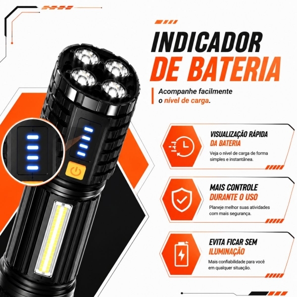 Lanterna Tática LED Recarregável USB 190000 Lumens 500m COB 4 Modos