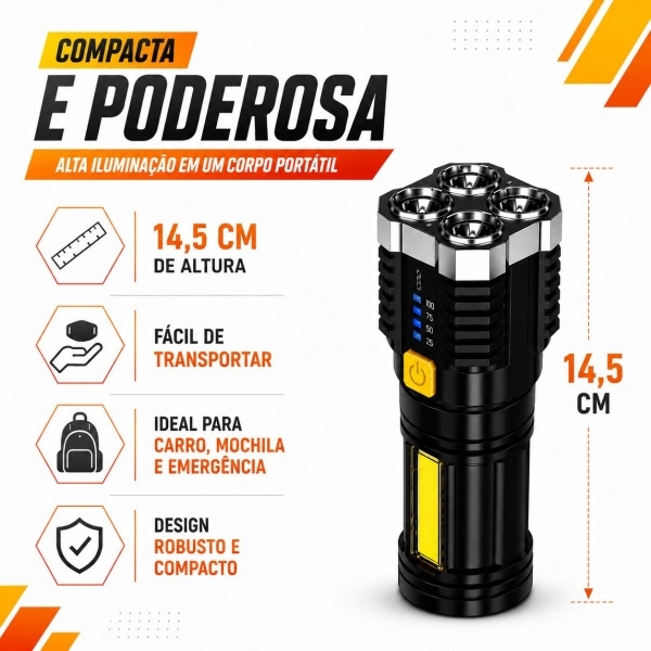 Lanterna Tática LED Recarregável USB 190000 Lumens 500m COB 4 Modos