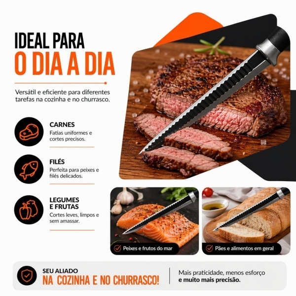 Kit Faca Serrilhada 24cm Inox Profissional Com Afiador 3 Estagios