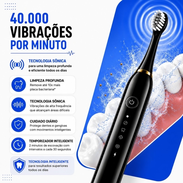 Escova Elétrica Sônica Recarregável USB IPX7 6 Modos + 4 Refis - Preto