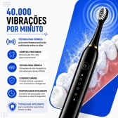 Escova Elétrica Sônica Recarregável USB IPX7 6 Modos + 4 Refis - Preto