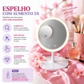 Espelho Maquiagem LED Com Ventilador 5x Aumento Touch Recarregável