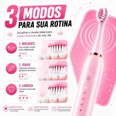 Escova Elétrica Sônica Recarregável USB IPX7 6 Modos + 4 Refis - Rosa