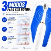 Escova Elétrica Sônica Recarregável USB IPX7 6 Modos + 4 Refis - Branco