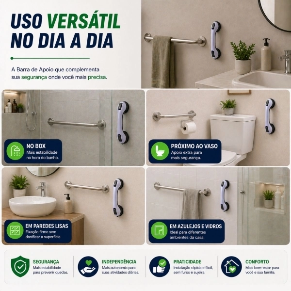 Barra de Apoio para Banheiro com Ventosa Sem Furo Segurança