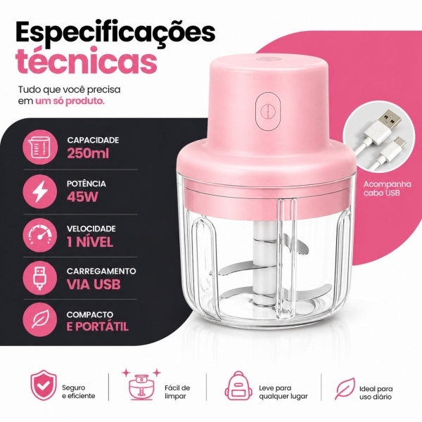 Mini Processador Moedor De Alimentos 250ml 3 Lâminas Usb