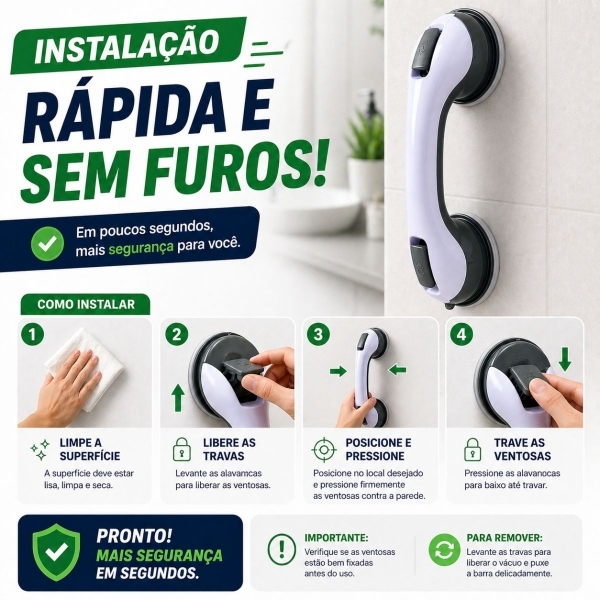 Barra de Apoio para Banheiro com Ventosa Sem Furo Segurança