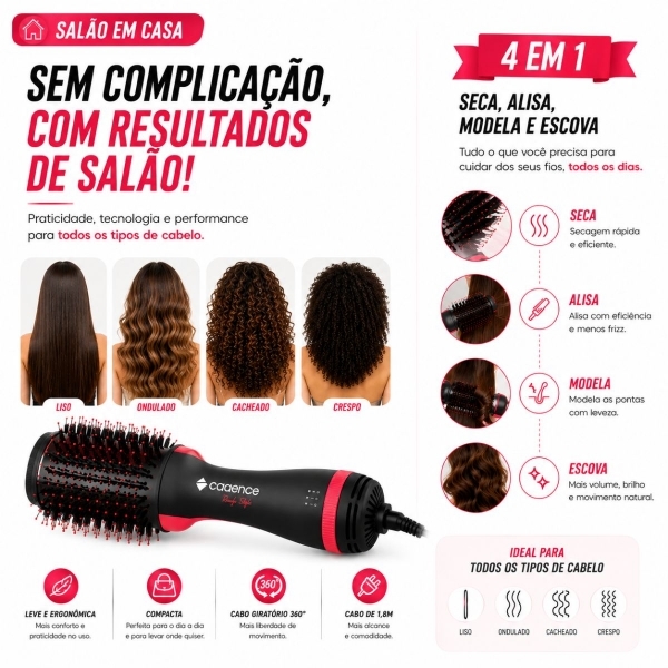 Escova secadora 4 em 1 Cadence Ceramica Ionizada Turmalina