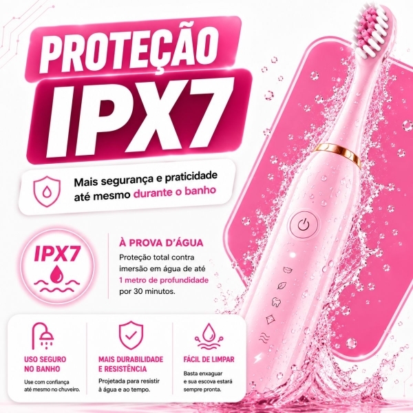 Escova Elétrica Sônica Recarregável USB IPX7 6 Modos + 4 Refis - Rosa