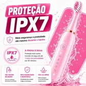 Escova Elétrica Sônica Recarregável USB IPX7 6 Modos + 4 Refis - Rosa
