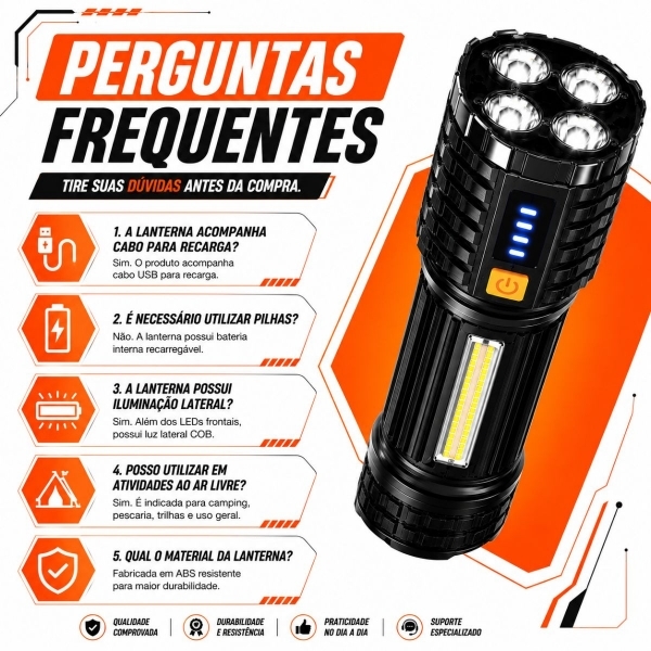 Lanterna Tática LED Recarregável USB 190000 Lumens 500m COB 4 Modos
