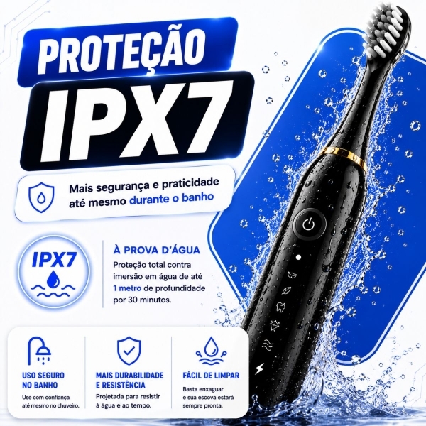 Escova Elétrica Sônica Recarregável USB IPX7 6 Modos + 4 Refis - Preto