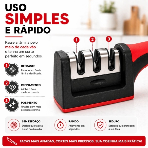 Kit Faca Serrilhada 24cm Inox Profissional Com Afiador 3 Estagios