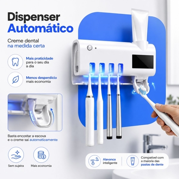 Porta Escova Esterilizador UV Dispenser Pasta Automático