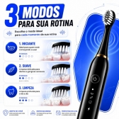 Escova Elétrica Sônica Recarregável USB IPX7 6 Modos + 4 Refis - Preto