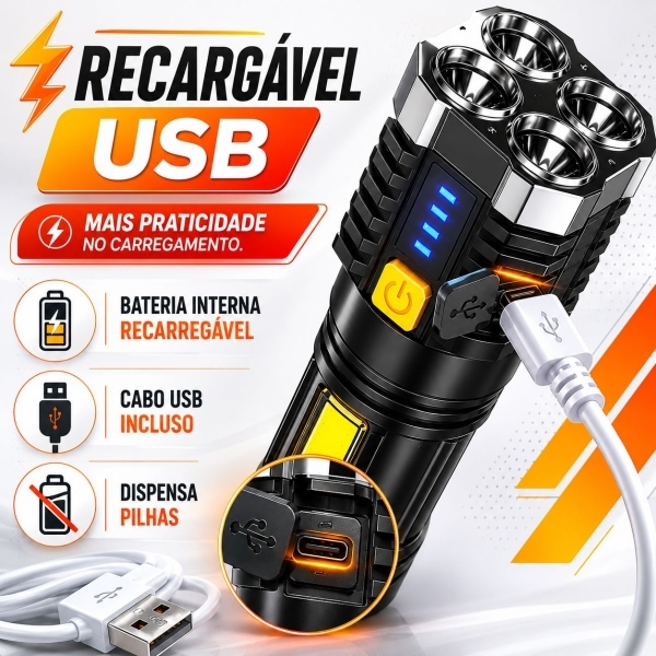 Lanterna Tática LED Recarregável USB 190000 Lumens 500m COB 4 Modos