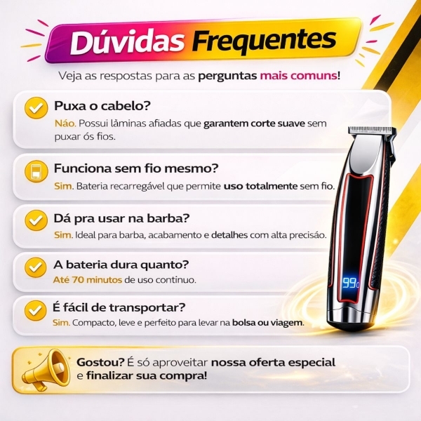 Máquina Cortar Cabelo Sem Fio Acabamento Profissional USB