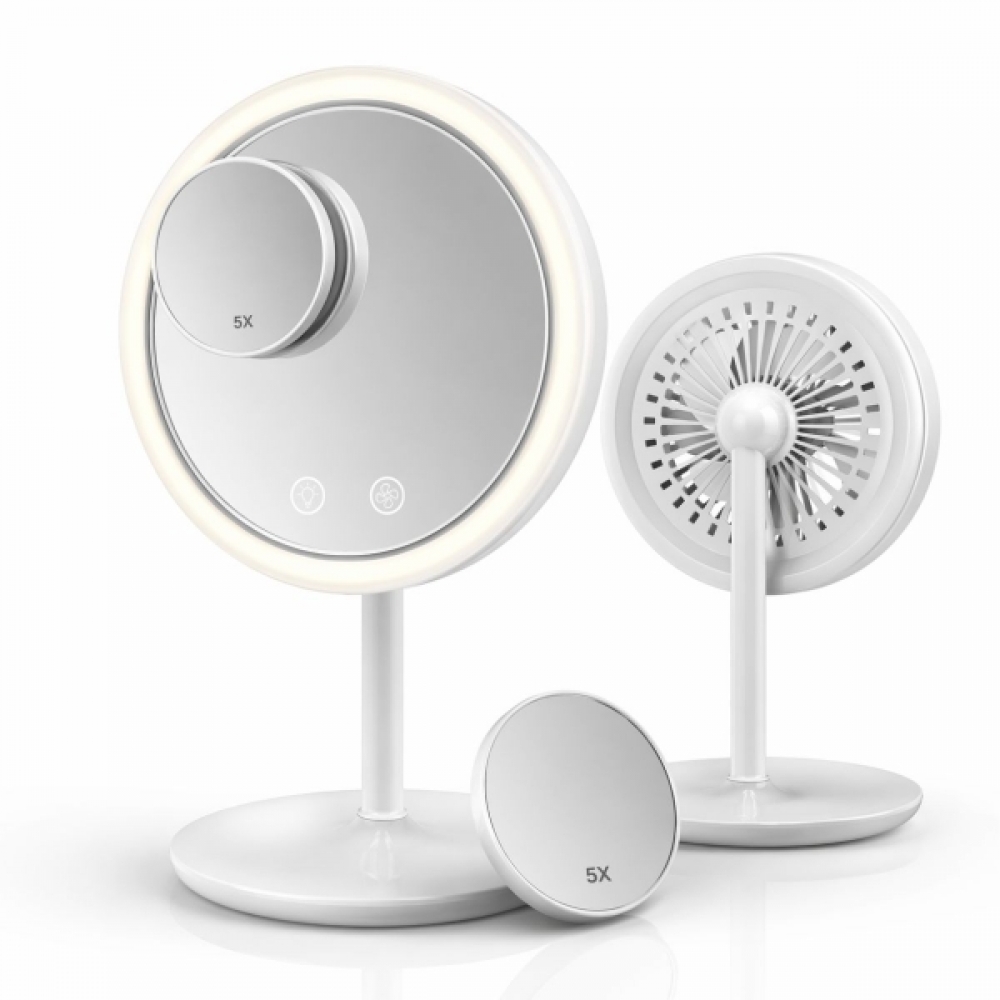 Espelho Maquiagem LED Com Ventilador 5x Aumento Touch Recarregável
