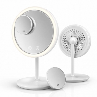 Espelho Maquiagem LED Com Ventilador 5x Aumento Touch Recarregável