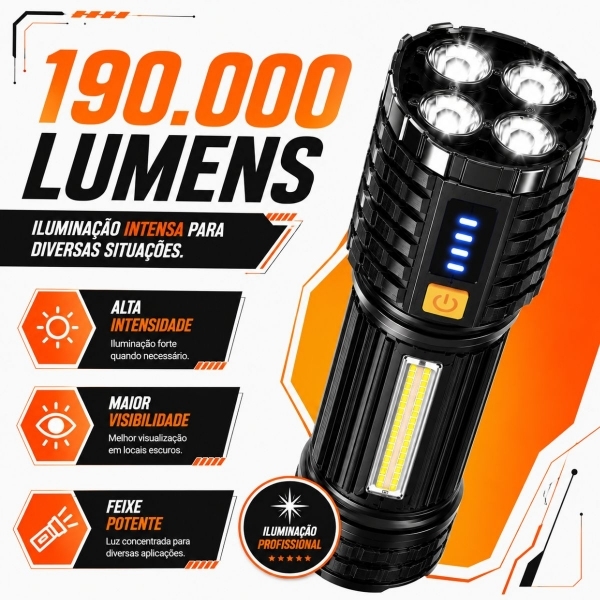 Lanterna Tática LED Recarregável USB 190000 Lumens 500m COB 4 Modos