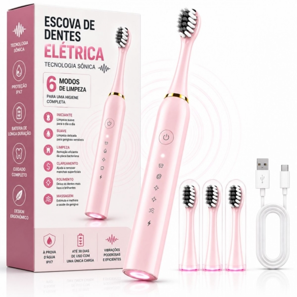 Escova Elétrica Sônica Recarregável USB IPX7 6 Modos + 4 Refis - Rosa