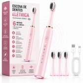 Escova Elétrica Sônica Recarregável USB IPX7 6 Modos + 4 Refis - Rosa