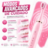 Escova Elétrica Sônica Recarregável USB IPX7 6 Modos + 4 Refis - Rosa