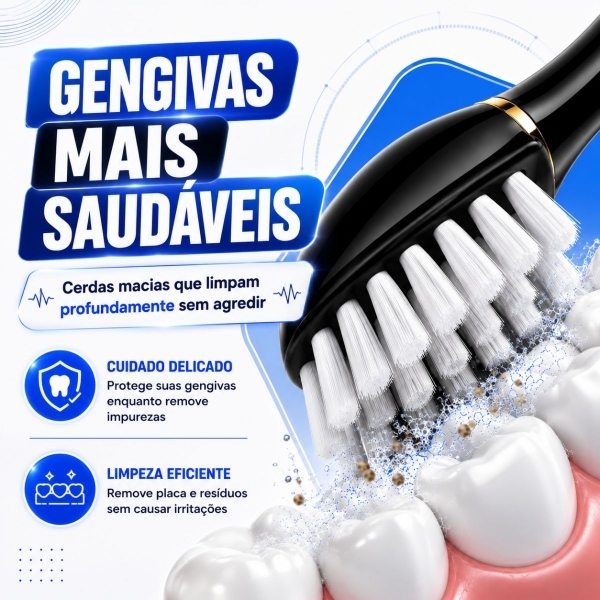 Escova Elétrica Sônica Recarregável USB IPX7 6 Modos + 4 Refis - Preto