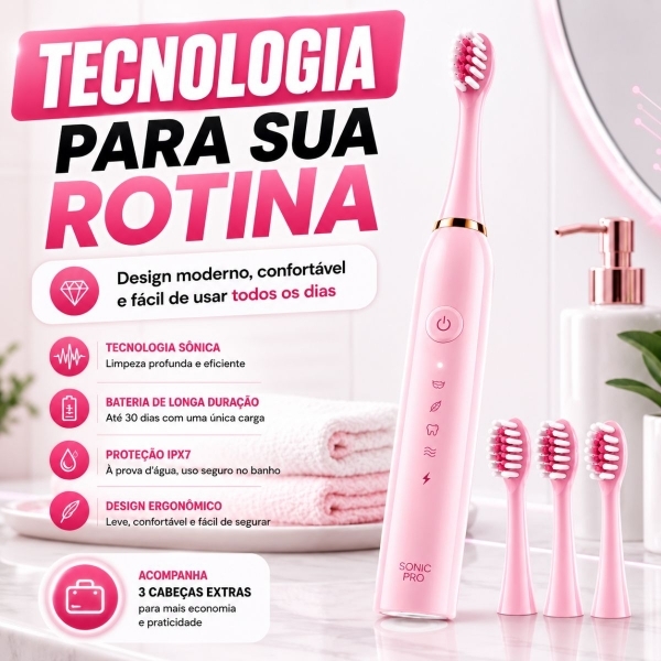 Escova Elétrica Sônica Recarregável USB IPX7 6 Modos + 4 Refis - Rosa